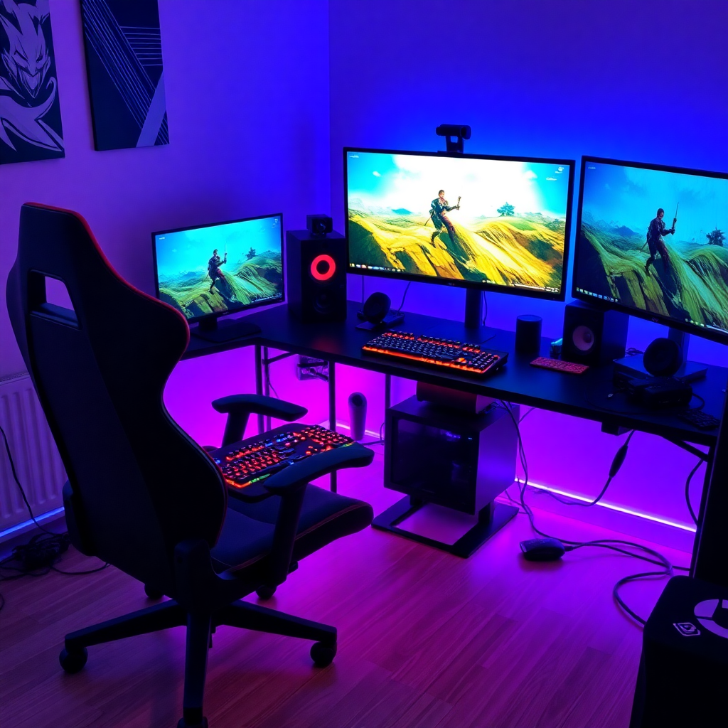 Professional triple-monitor gaming setup with vibrant purple and blue neon lighting and orange RGB accents.