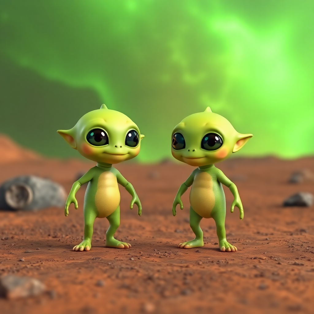 Two small friendly green aliens on Mars-like planet