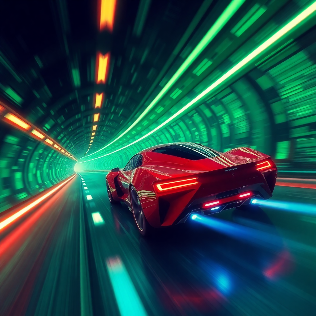 A sleek red supercar speeding through a glowing neon tunnel with vibrant light streaks and blue exhaust flames.
