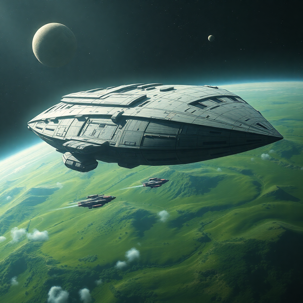 A massive grey mothership and two smaller escorts soar over a lush green planet in a cinematic sci-fi landscape.