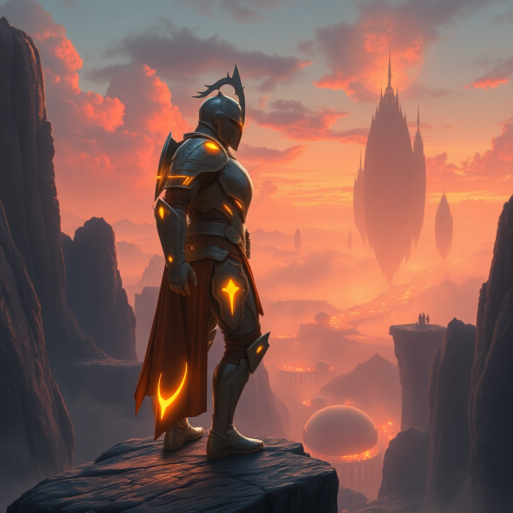 An armored knight with glowing orange accents stands on a cliff, overlooking a misty valley of floating citadels at sunset.