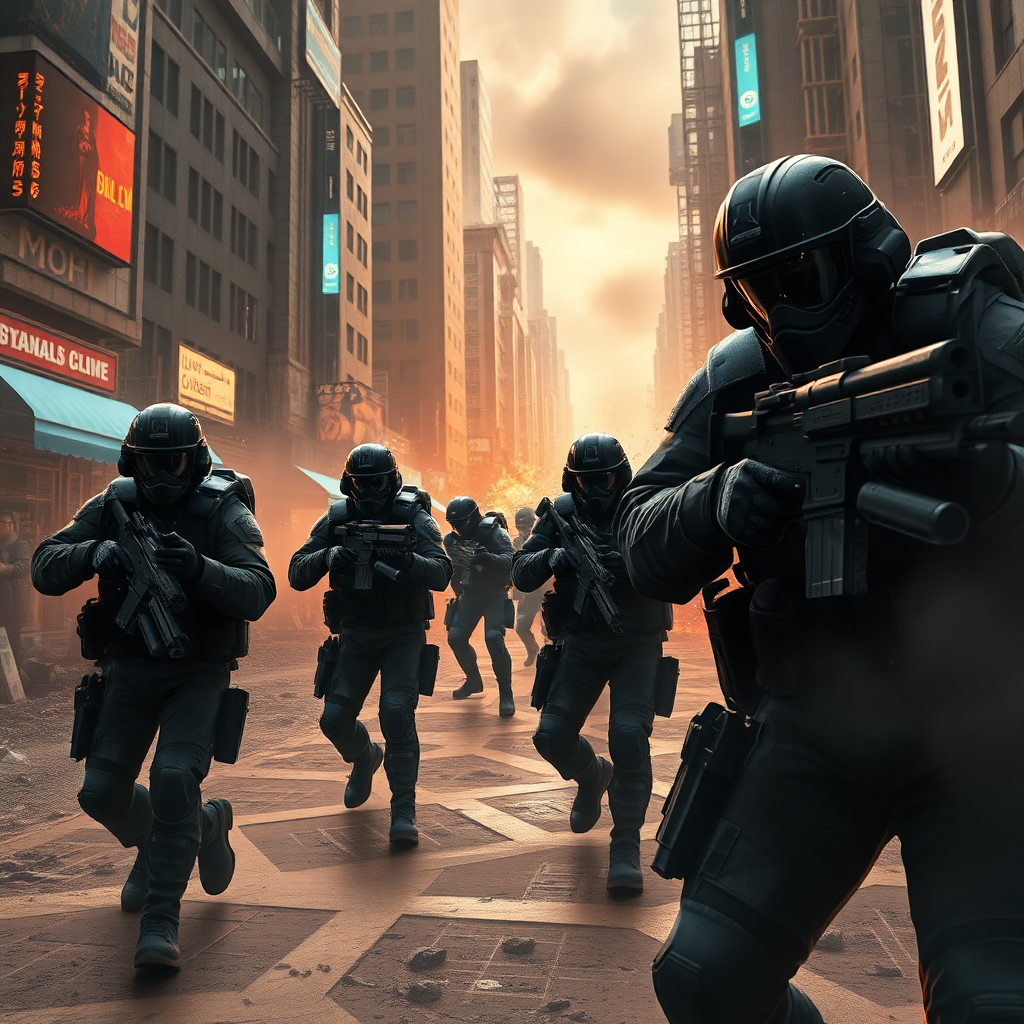 A squad of futuristic tactical soldiers in full black gear advances through a hazy, urban street with towering buildings.