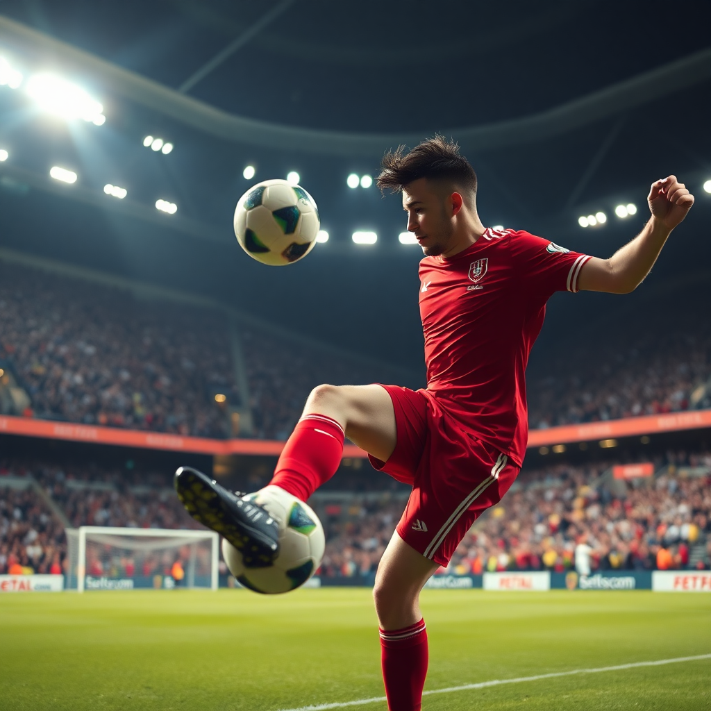 A professional football player in a red kit showcases elite ball control inside a packed, brightly lit stadium.