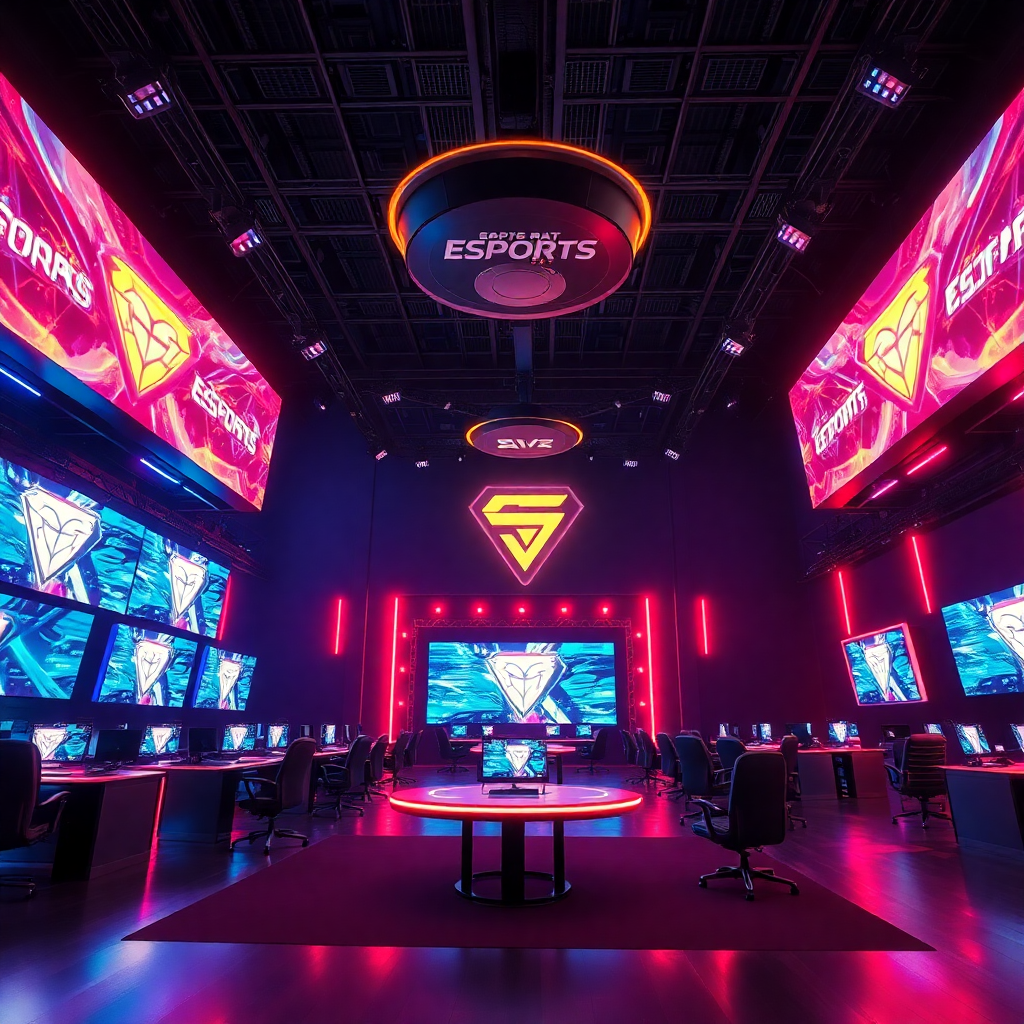 A high-tech eSports arena featuring rows of gaming stations and massive neon-lit screens displaying competitive gameplay in a dark, vibrant atmosphere.