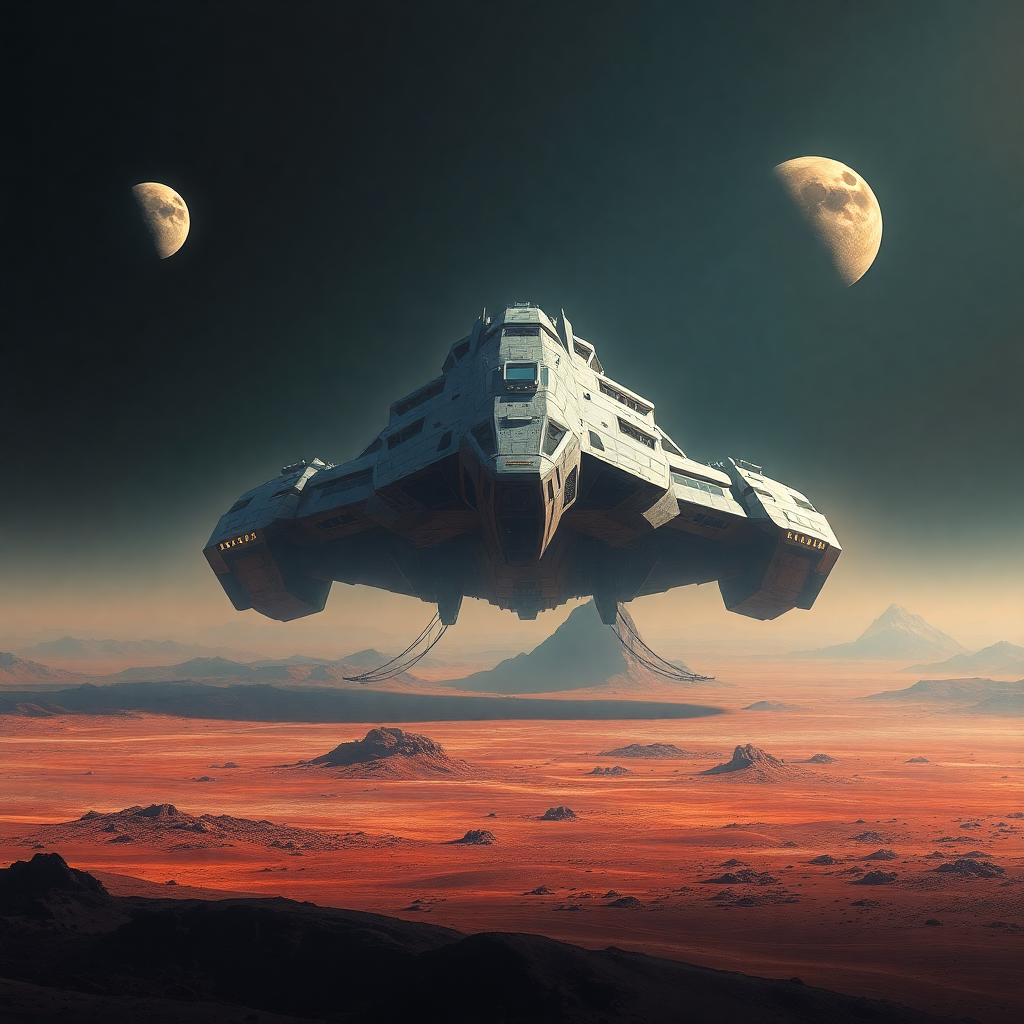 A massive industrial spaceship hovers over a barren, orange desert landscape under a dark sky with two crescent moons.