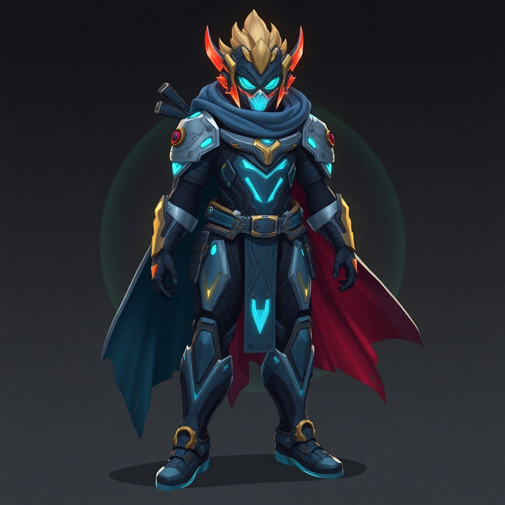 A futuristic warrior clad in advanced dark armor with glowing blue neon highlights, wearing a hooded cloak and a mask with glowing cyan eyes.