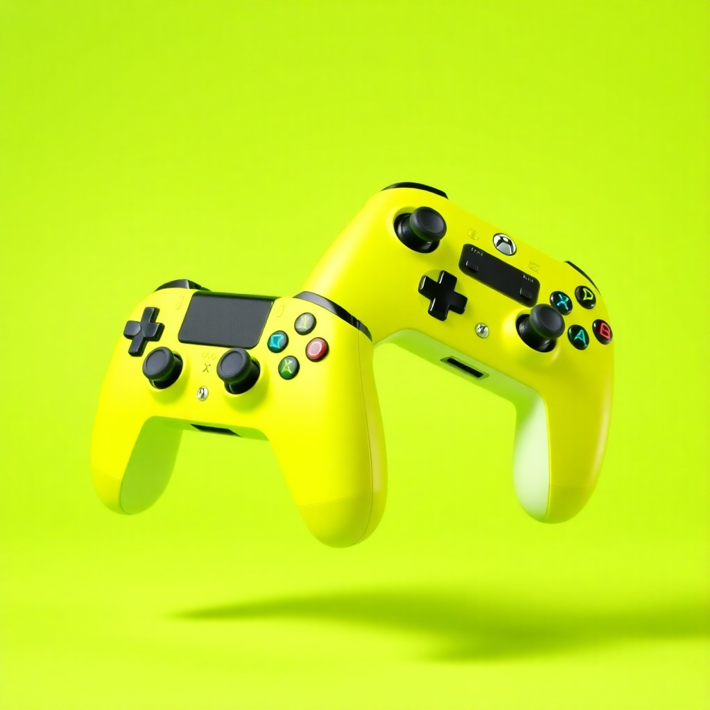 Pair of bright yellow gaming controllers against a vibrant green backdrop