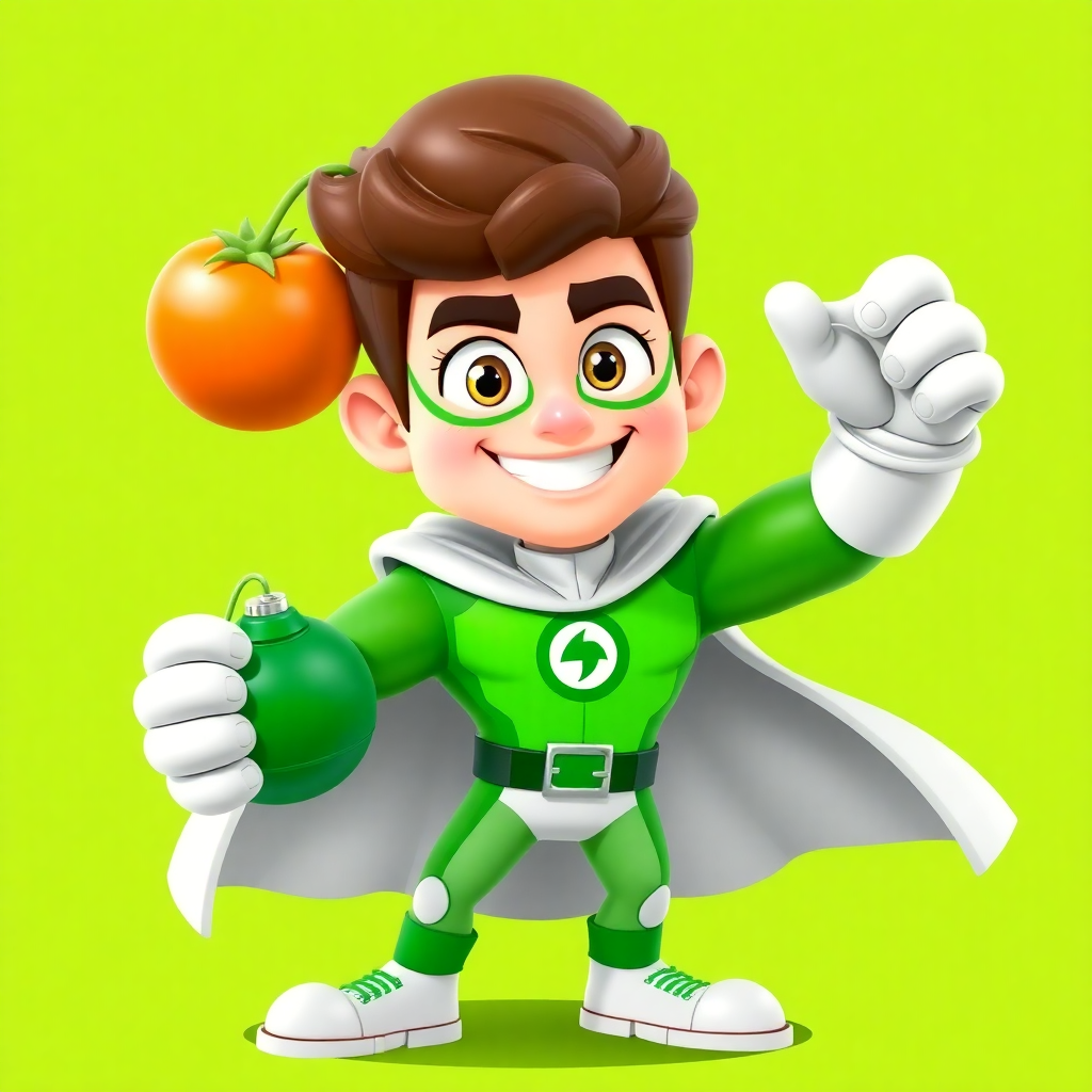 A cartoon green superhero boy character holding a tomato and giving a thumbs-up.